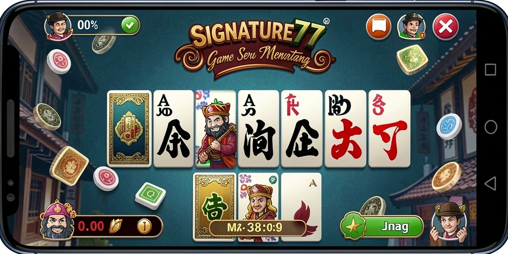 Screenshot gameplay <strong>SIGNATURE77</strong> dengan tampilan kartu Domino yang menarik.