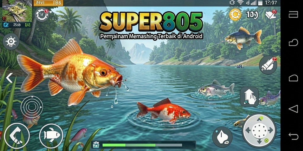 Tangkapan layar SUPER805 menampilkan gameplay memancing yang menarik dan seru.