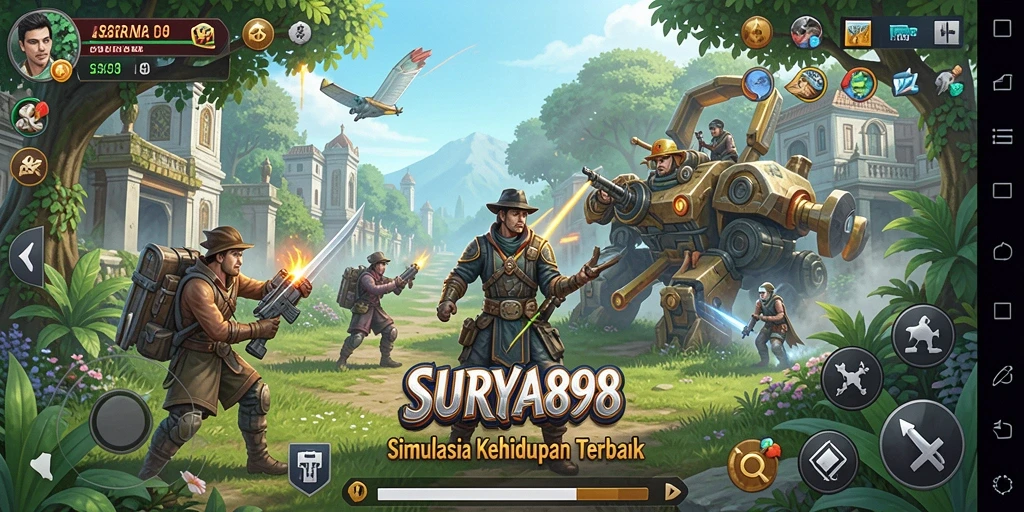 Screenshot gameplay SURYA898 menunjukkan karakter yang berinteraksi dalam dunia virtual.